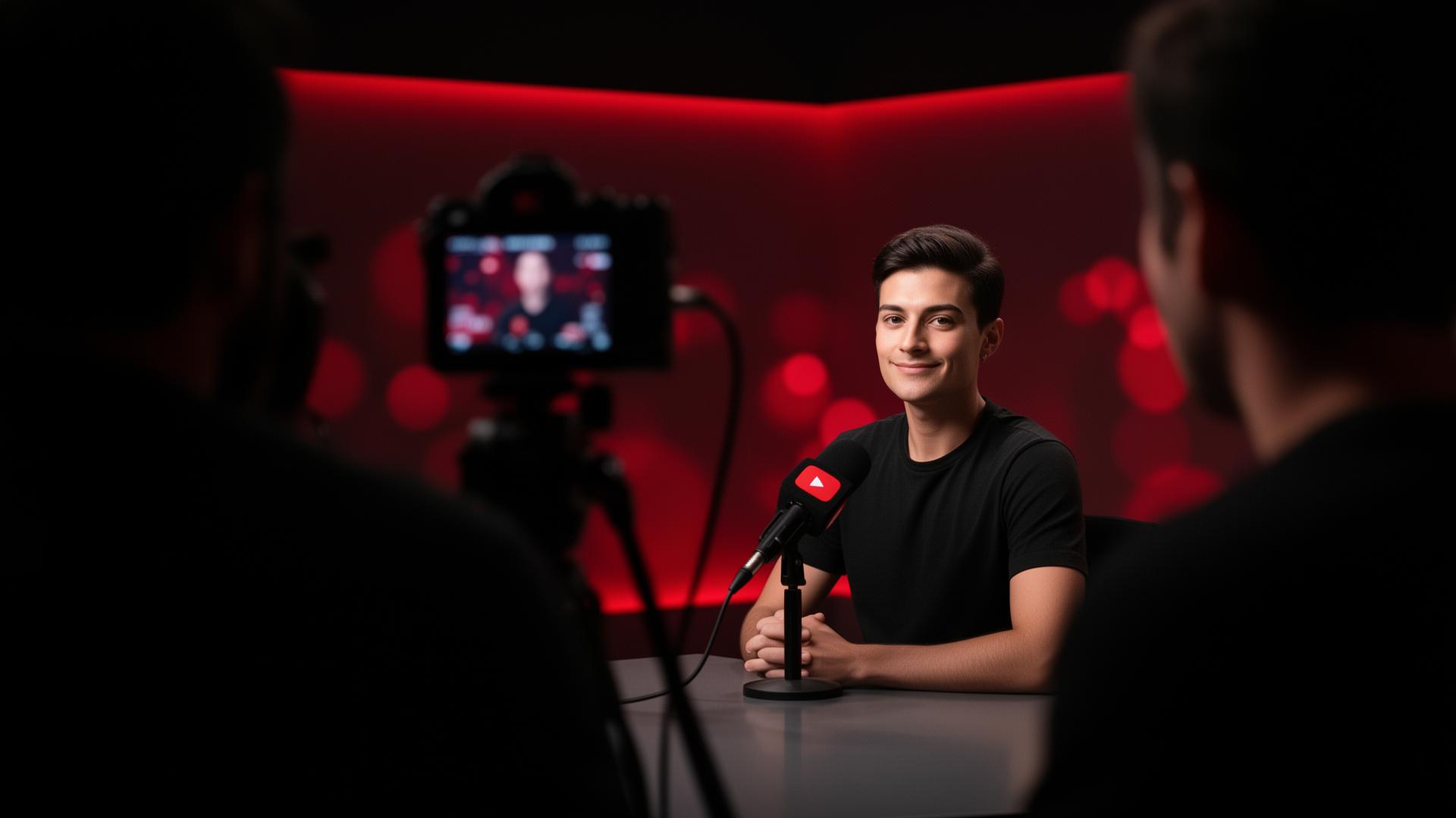 Tournage d'un podcast YouTube avec caméra, micro et invité