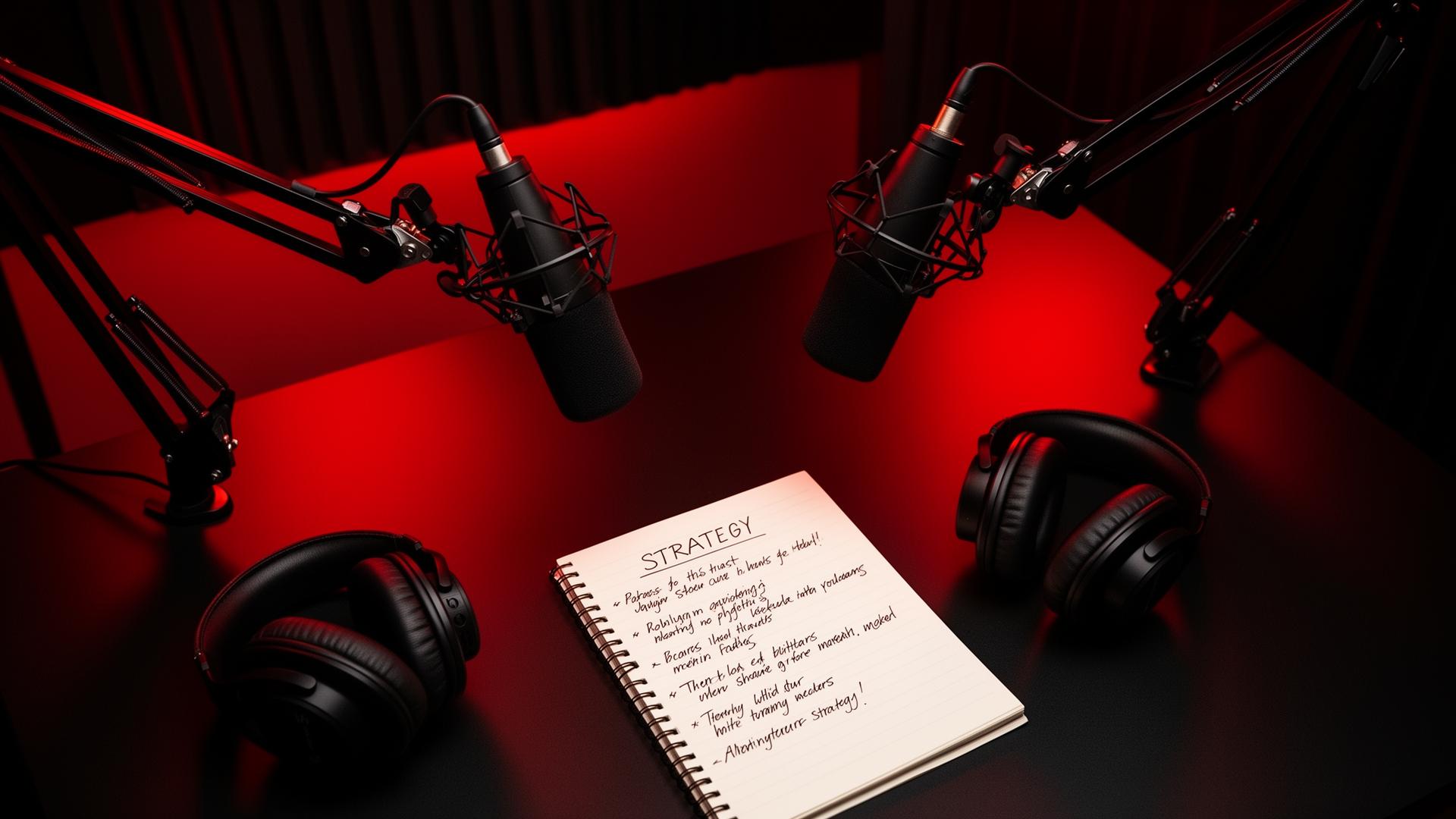 Table de studio podcast avec deux microphones et un carnet de stratégie